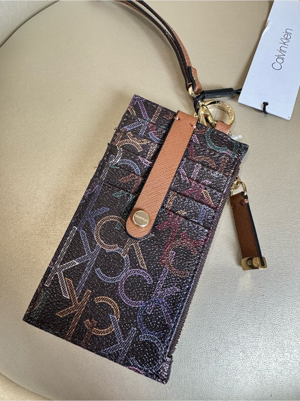 Calvin Klein Monogram Wristlet Wallet in Brown NWT